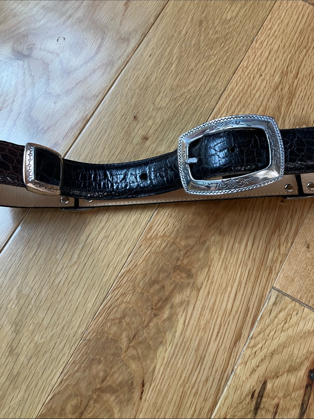 Brighton Black Croc-Embossed Leather Belt with Silver Buckle and details